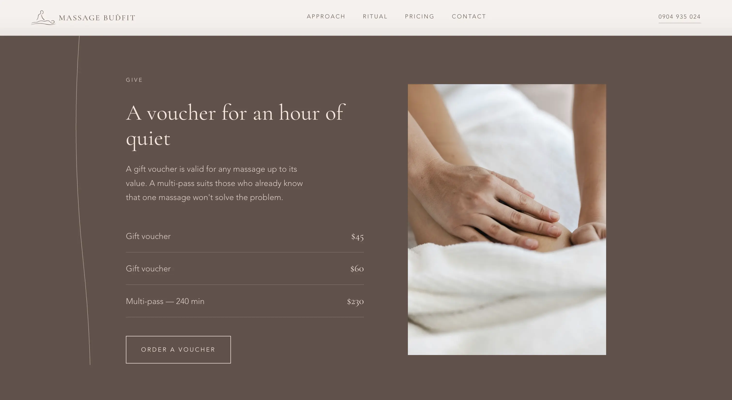 Massage Budfit website vouchers and pricing screenshot