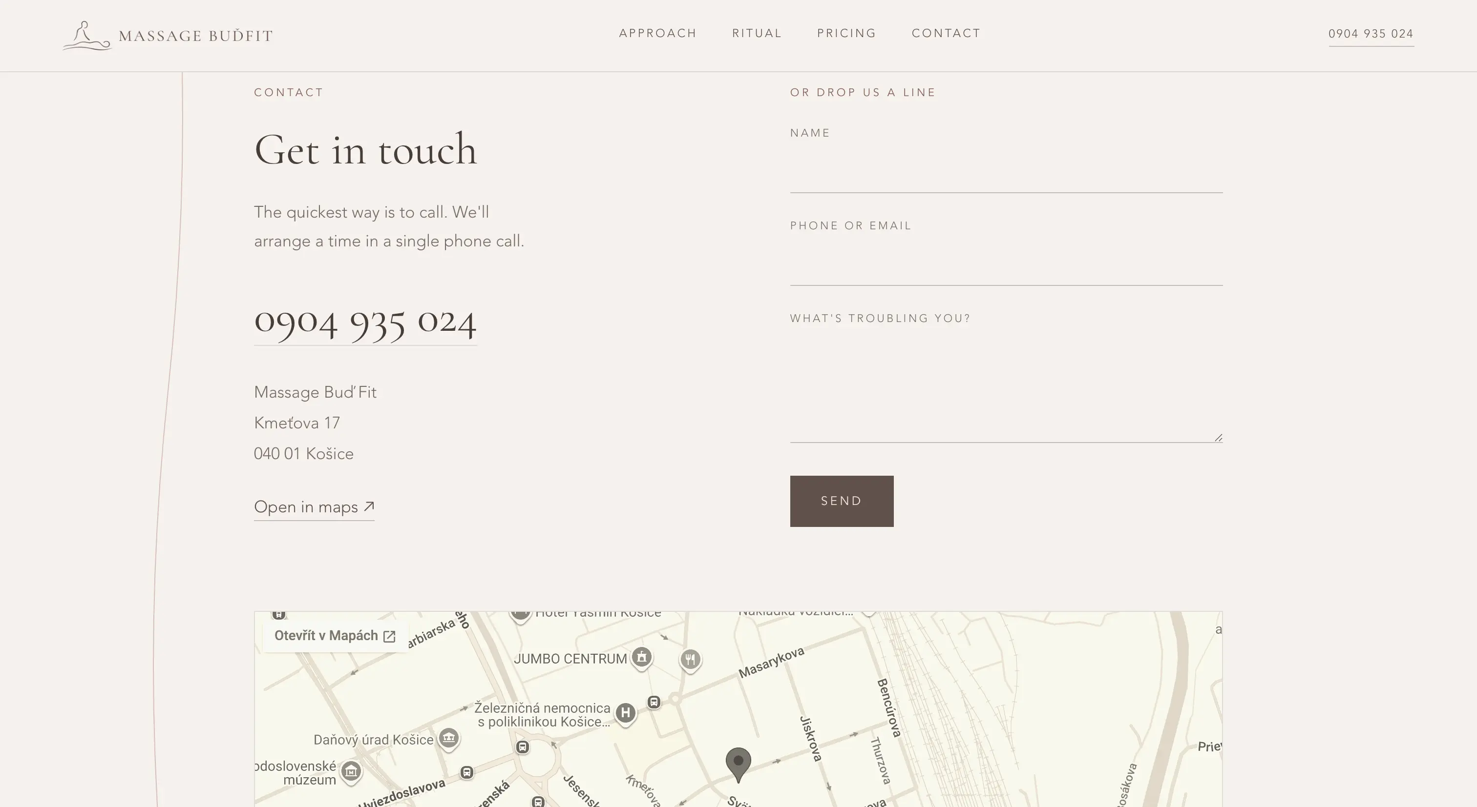 Massage Budfit website contact screenshot