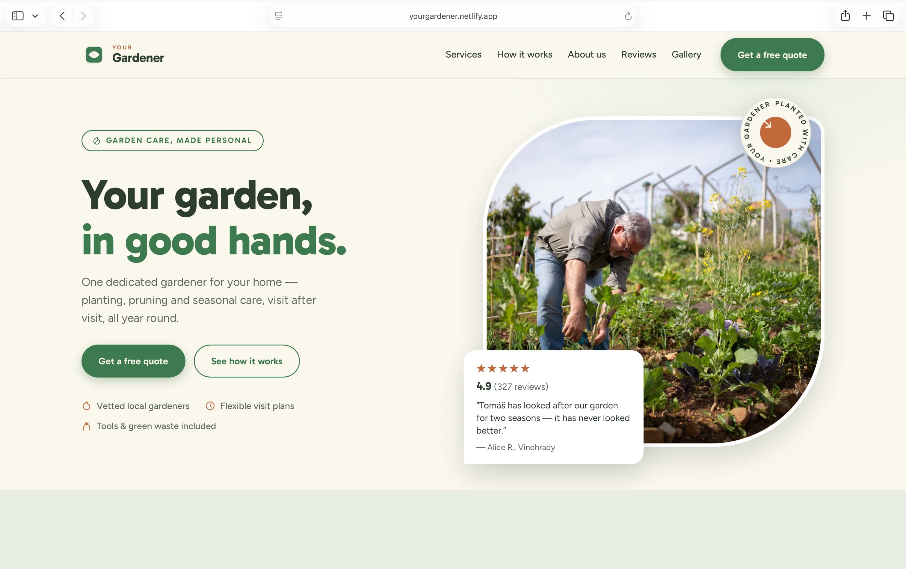 Your Gardener website homepage screenshot