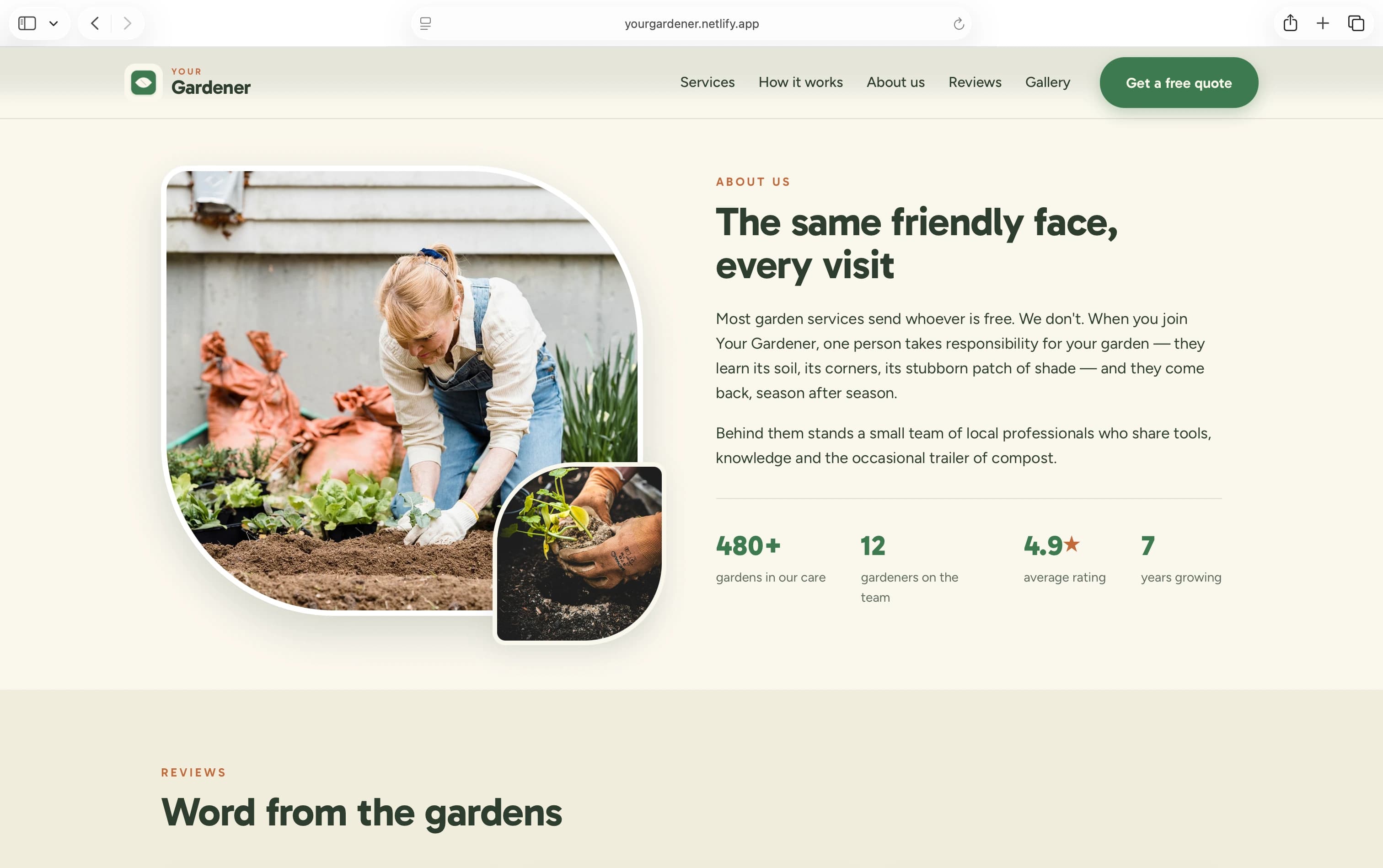 Your Gardener website services screenshot