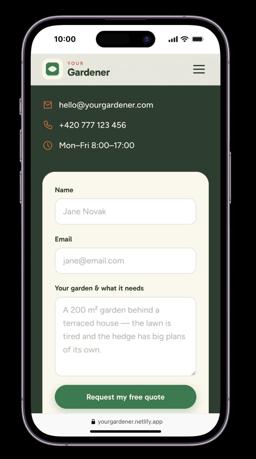Your Gardener mobile contact form screenshot